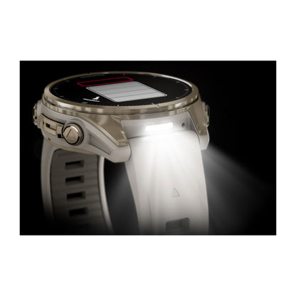 fēnix® 8 – 43 mm, AMOLED Sapphire, Soft Gold with Fog Gray/Dark Sandstone Silicone Band