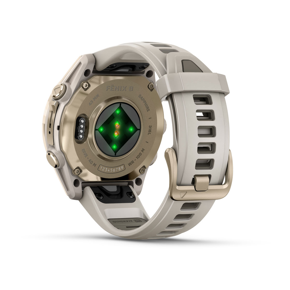 fēnix® 8 – 43 mm, AMOLED Sapphire, Soft Gold with Fog Gray/Dark Sandstone Silicone Band