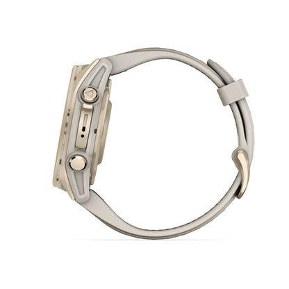 fēnix® 8 – 43 mm, AMOLED Sapphire, Soft Gold with Fog Gray/Dark Sandstone Silicone Band