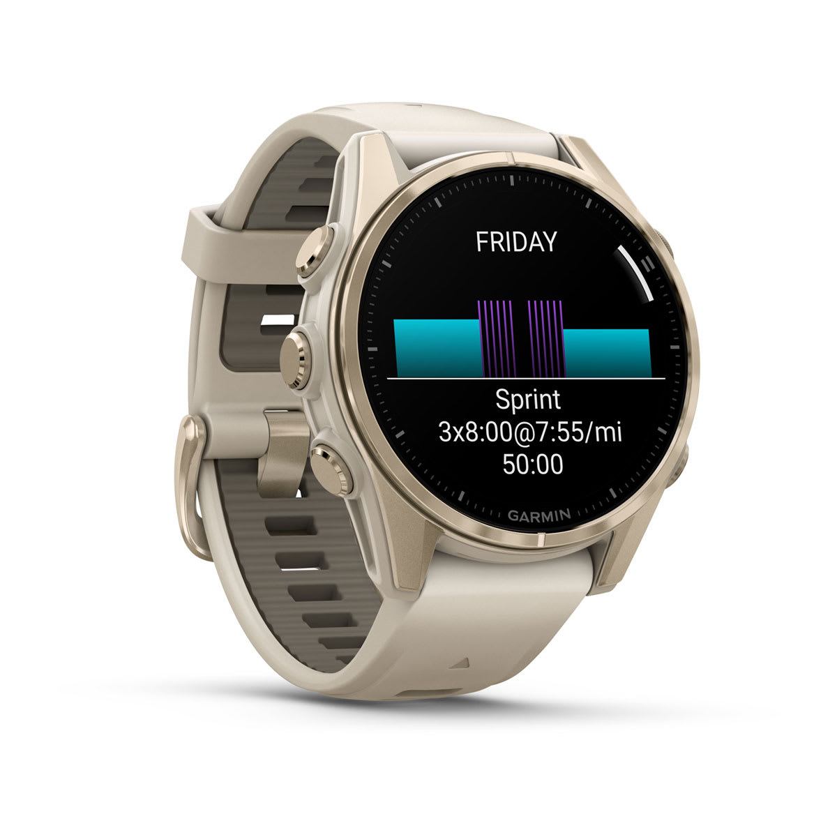 fēnix® 8 – 43 mm, AMOLED Sapphire, Soft Gold with Fog Gray/Dark Sandstone Silicone Band