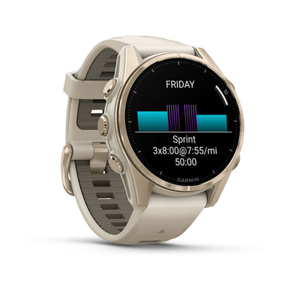 fēnix® 8 – 43 mm, AMOLED Sapphire, Soft Gold with Fog Gray/Dark Sandstone Silicone Band