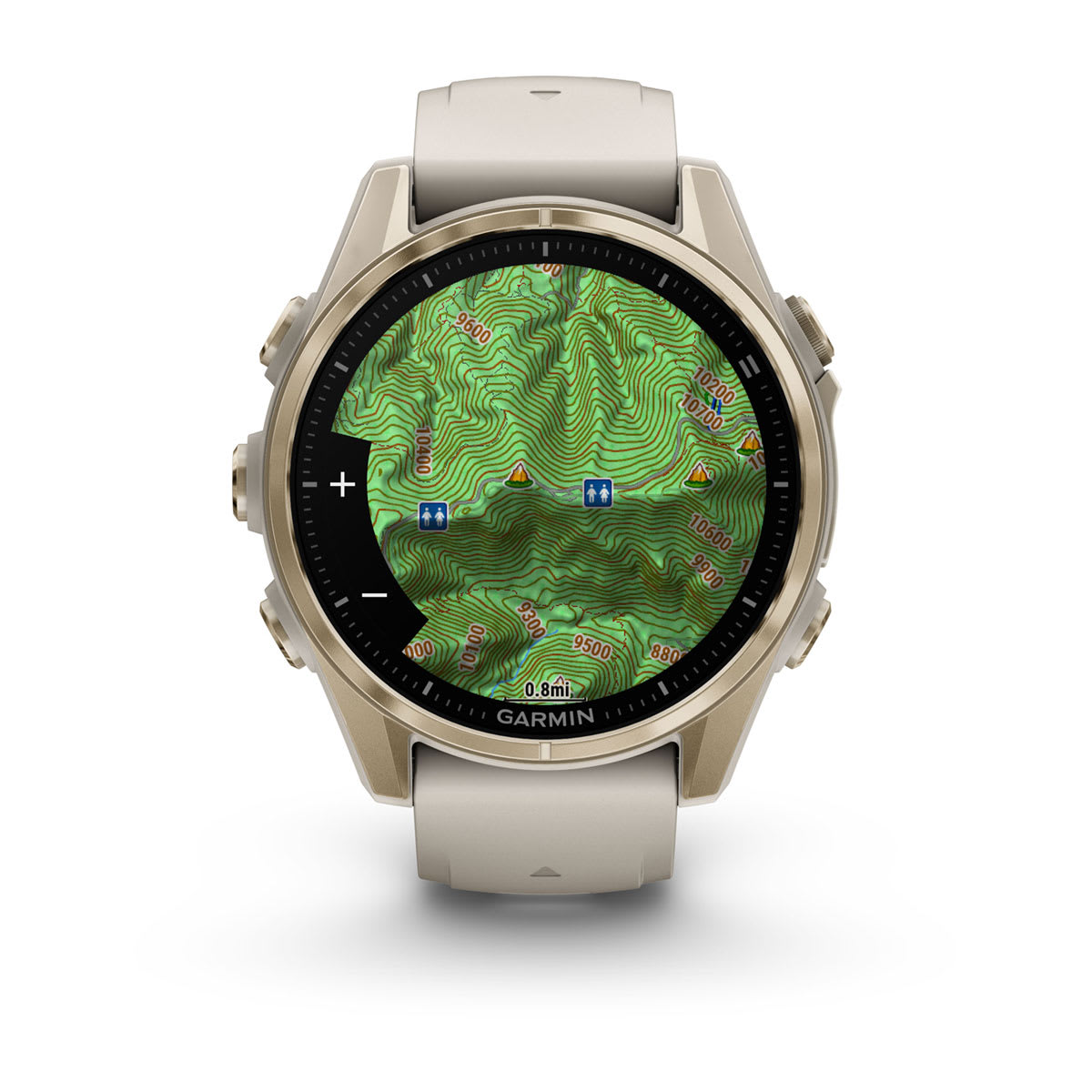 fēnix® 8 – 43 mm, AMOLED Sapphire, Soft Gold with Fog Gray/Dark Sandstone Silicone Band