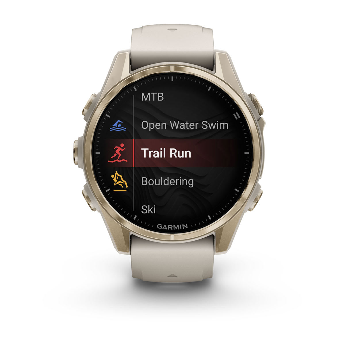 fēnix® 8 – 43 mm, AMOLED Sapphire, Soft Gold with Fog Gray/Dark Sandstone Silicone Band