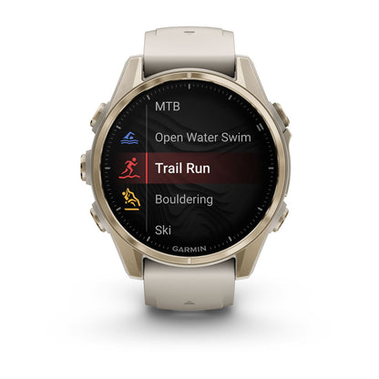 fēnix® 8 – 43 mm, AMOLED Sapphire, Soft Gold with Fog Gray/Dark Sandstone Silicone Band