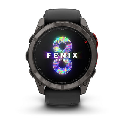 fēnix® 8 Pro – 51 mm, MicroLED Sapphire, Carbon Gray DLC Titanium with Black/Pebble Gray Silicone Band