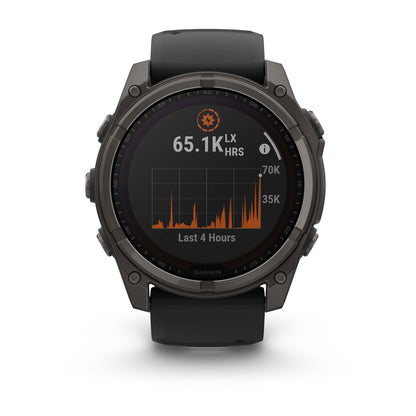 fēnix® 8 – 51 mm, Solar Sapphire, Carbon Gray DLC Titanium with Black/Pebble Gray Silicone Band