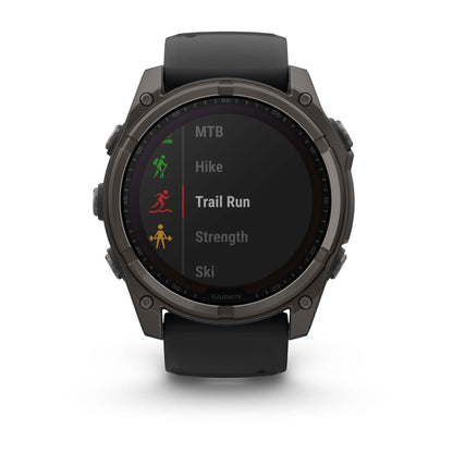 fēnix® 8 – 51 mm, Solar Sapphire, Carbon Gray DLC Titanium with Black/Pebble Gray Silicone Band