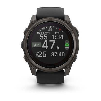 fēnix® 8 – 51 mm, Solar Sapphire, Carbon Gray DLC Titanium with Black/Pebble Gray Silicone Band