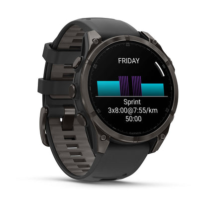 fēnix® 8 – 47 mm, AMOLED Sapphire, Carbon Gray DLC Titanium with Black/Pebble Gray Silicone Band