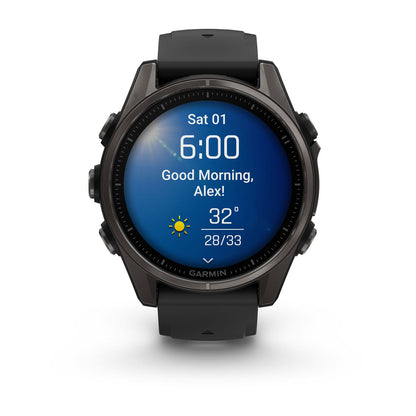 fēnix® 8 – 43 mm, AMOLED Sapphire, Carbon Gray DLC Titanium with Black/Pebble Gray Silicone Band