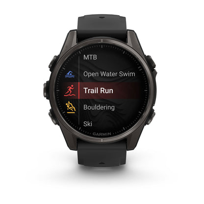 fēnix® 8 – 43 mm, AMOLED Sapphire, Carbon Gray DLC Titanium with Black/Pebble Gray Silicone Band