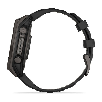 fēnix® 8 – 47 mm, Solar Sapphire, Carbon Gray DLC Titanium with Black/Pebble Gray Silicone Band