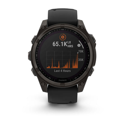 fēnix® 8 – 47 mm, Solar Sapphire, Carbon Gray DLC Titanium with Black/Pebble Gray Silicone Band
