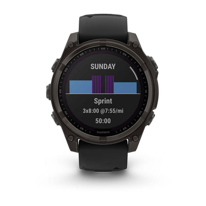 fēnix® 8 – 47 mm, Solar Sapphire, Carbon Gray DLC Titanium with Black/Pebble Gray Silicone Band