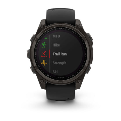 fēnix® 8 – 47 mm, Solar Sapphire, Carbon Gray DLC Titanium with Black/Pebble Gray Silicone Band