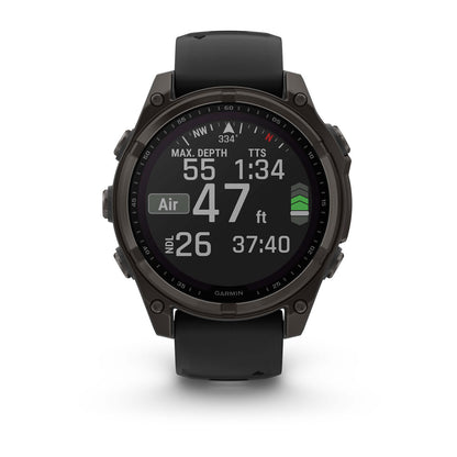fēnix® 8 – 47 mm, Solar Sapphire, Carbon Gray DLC Titanium with Black/Pebble Gray Silicone Band