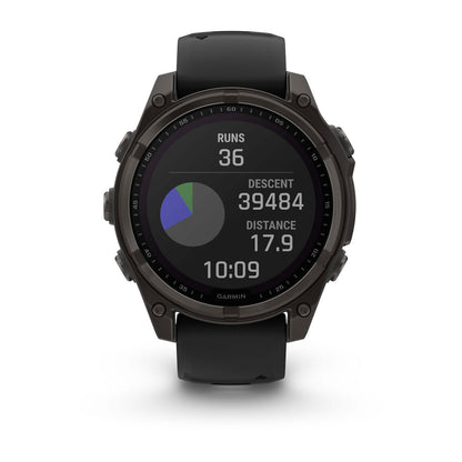 fēnix® 8 – 47 mm, Solar Sapphire, Carbon Gray DLC Titanium with Black/Pebble Gray Silicone Band