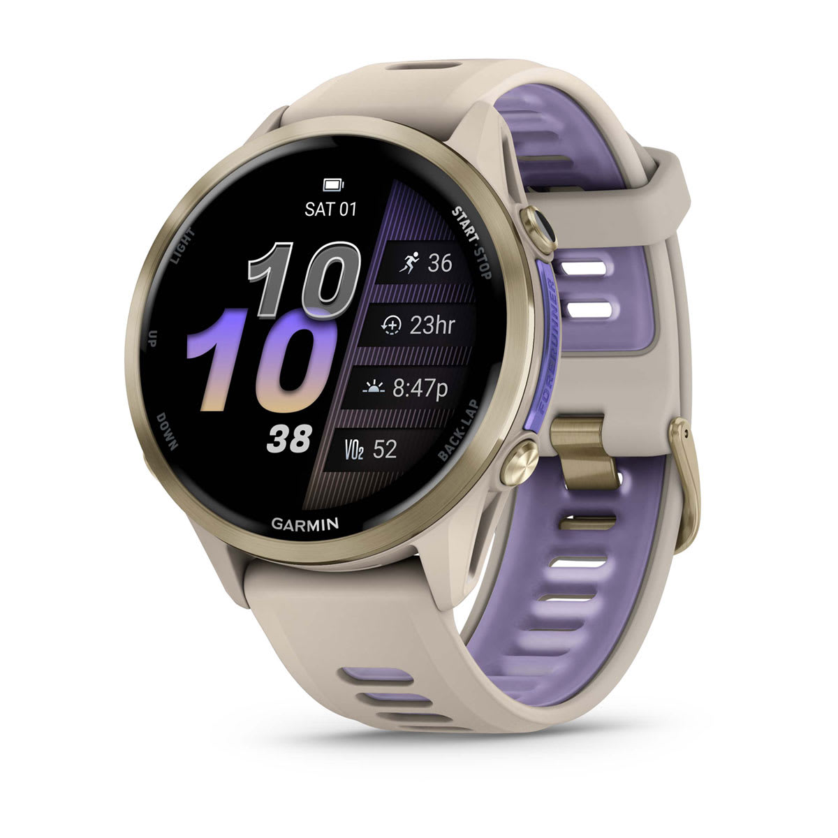 Forerunner® 970 Soft Gold Titanium with French Gray Case and French Gray/Translucent Indigo Band
