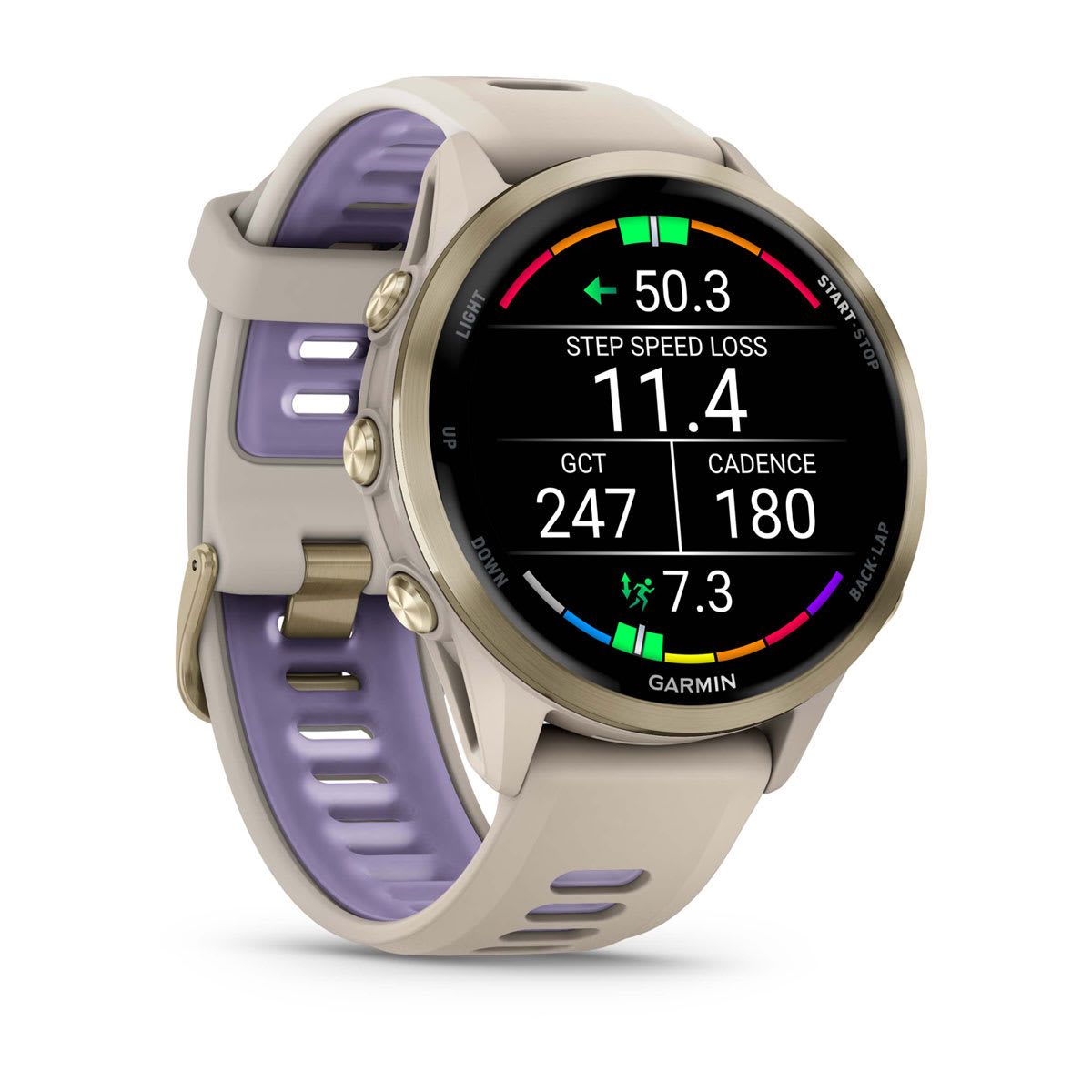 Forerunner® 970 Soft Gold Titanium with French Gray Case and French Gray/Translucent Indigo Band