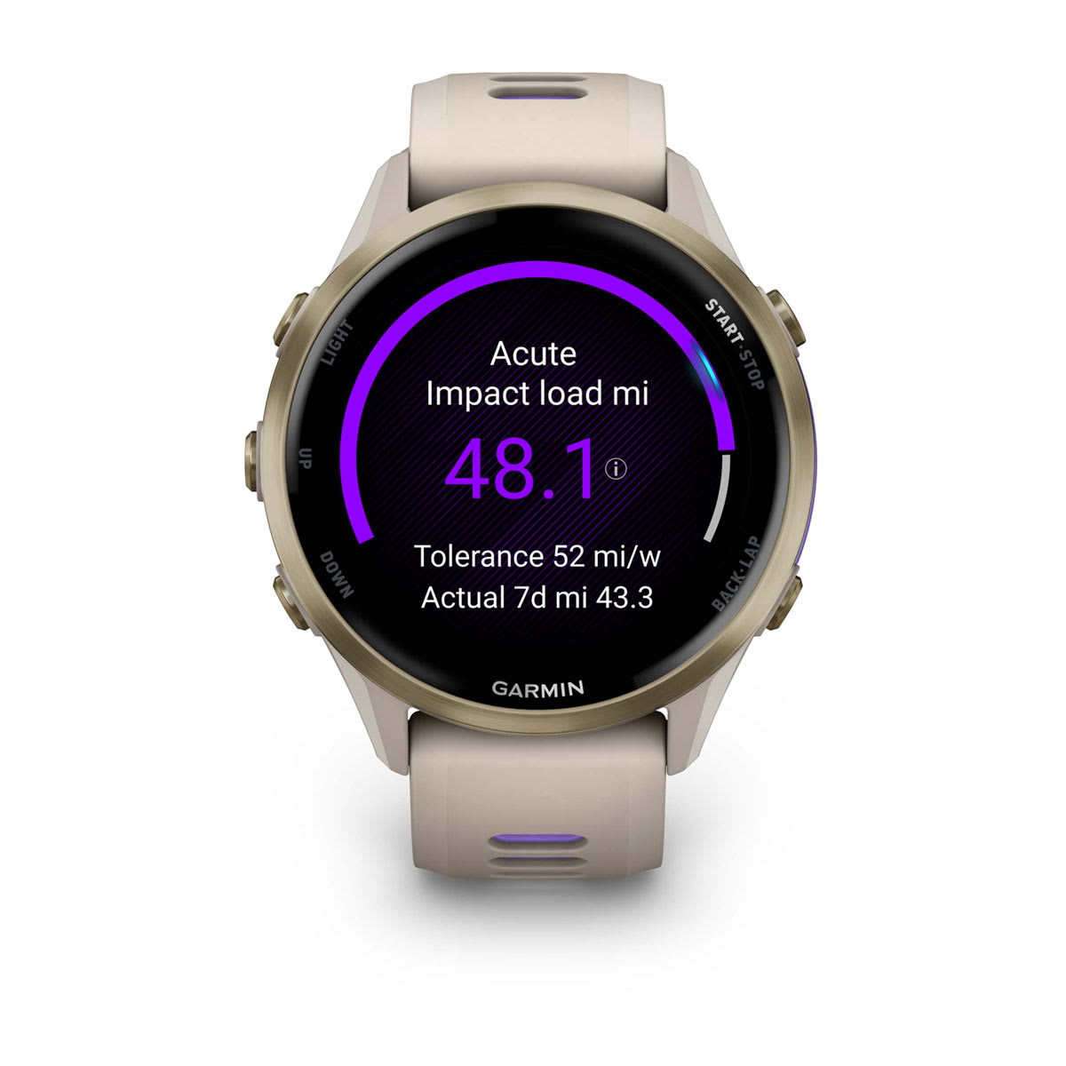 Forerunner® 970 Soft Gold Titanium with French Gray Case and French Gray/Translucent Indigo Band