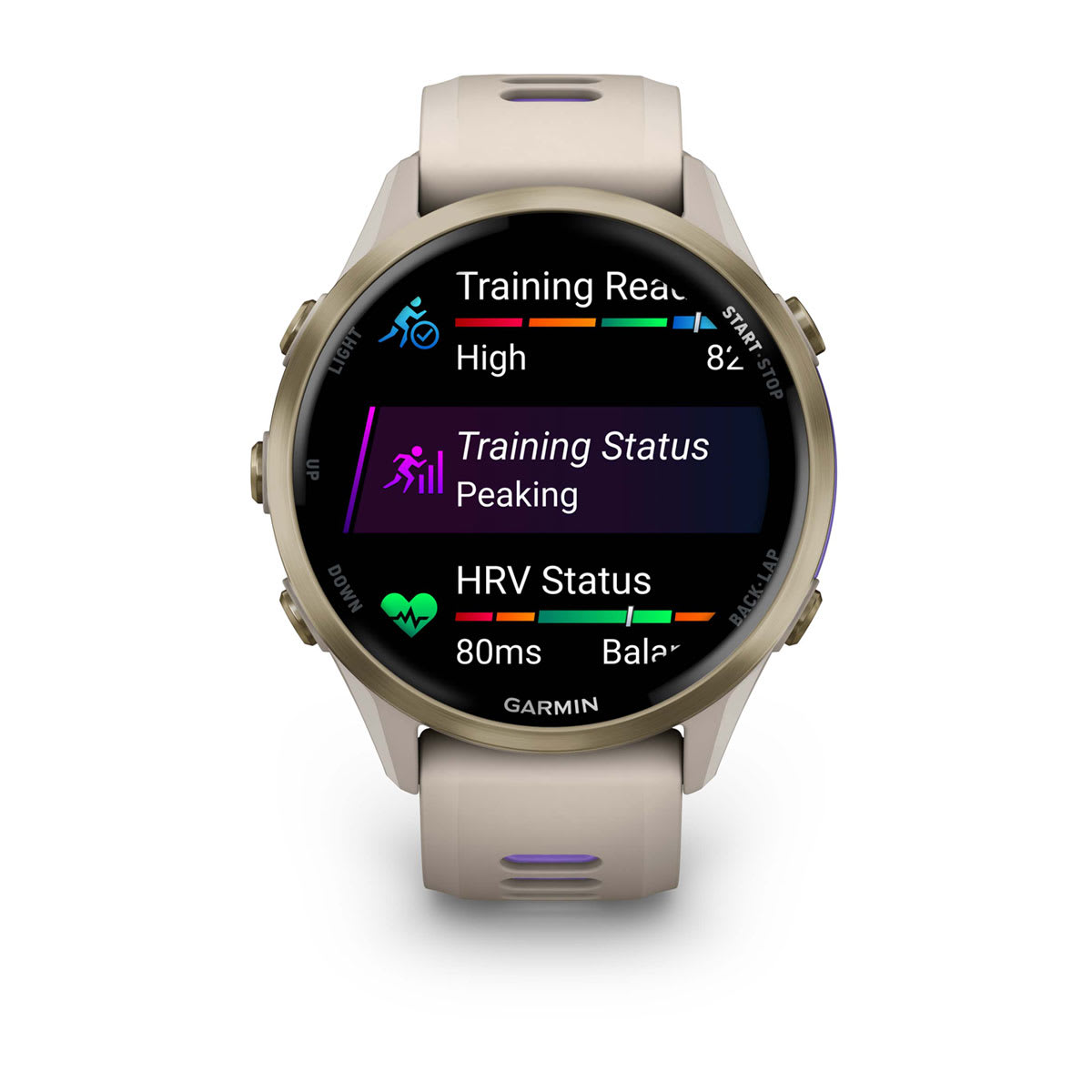 Forerunner® 970 Soft Gold Titanium with French Gray Case and French Gray/Translucent Indigo Band