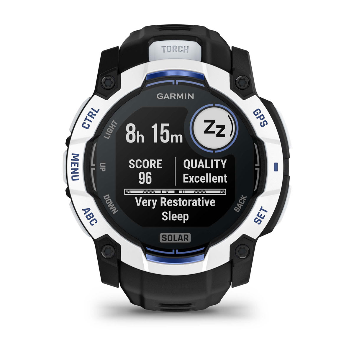 Instinct® 3 – 50 mm, Solar Whitestone with Black/Bolt Blue Band