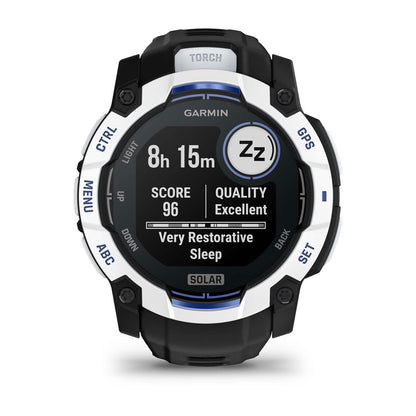Instinct® 3 – 50 mm, Solar Whitestone with Black/Bolt Blue Band