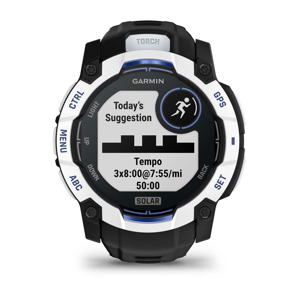 Instinct® 3 – 50 mm, Solar Whitestone with Black/Bolt Blue Band