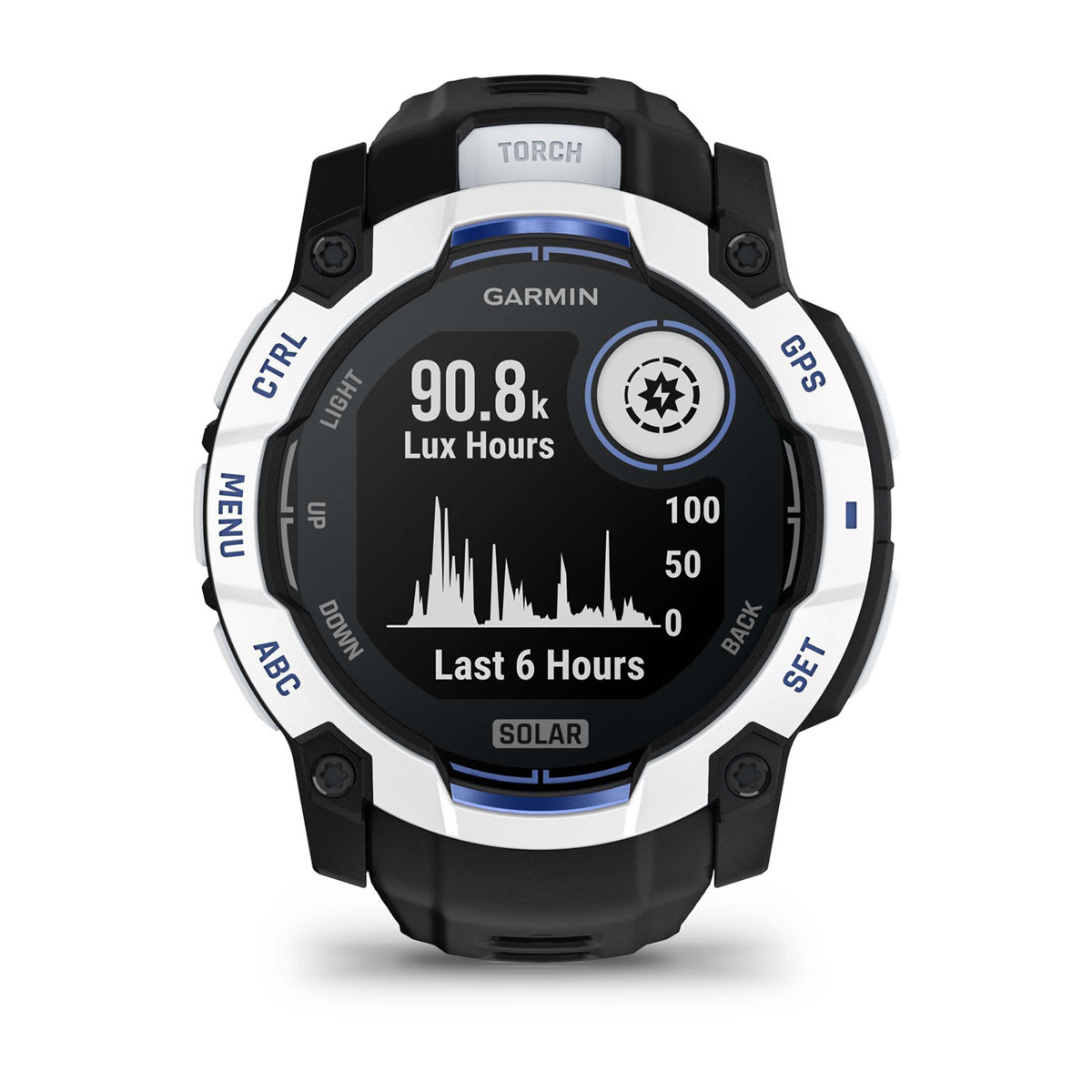 Instinct® 3 – 50 mm, Solar Whitestone with Black/Bolt Blue Band