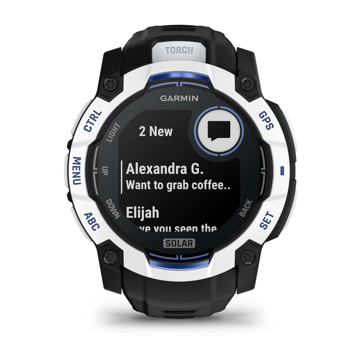 Instinct® 3 – 50 mm, Solar Whitestone with Black/Bolt Blue Band