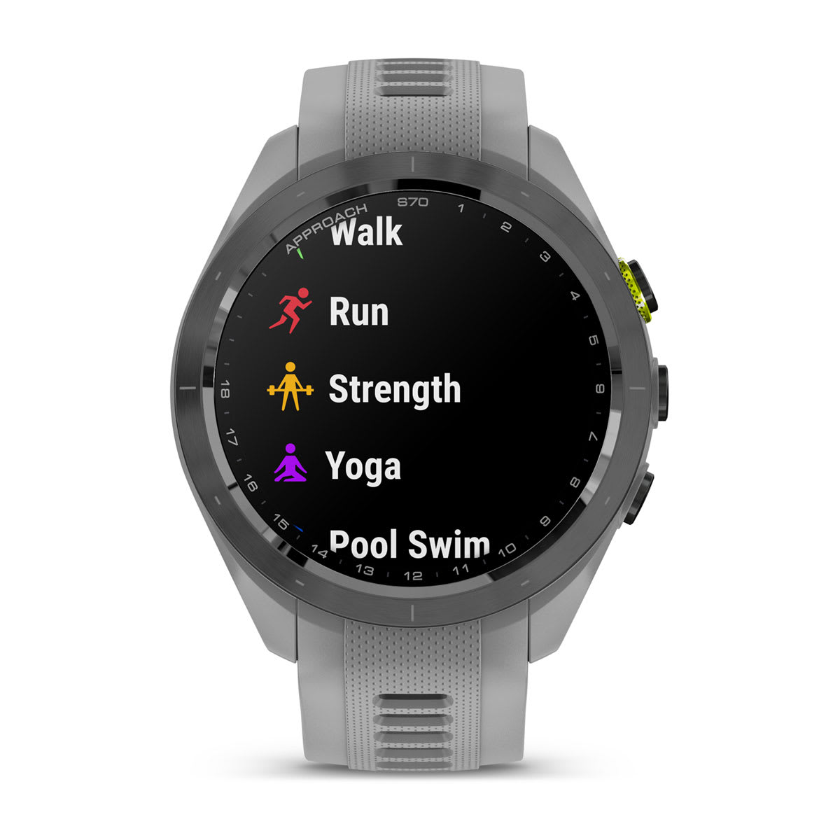 Approach® S70 - 42 mm Black/Amp Yellow Ceramic Bezel with Powder Gray Silicone Band