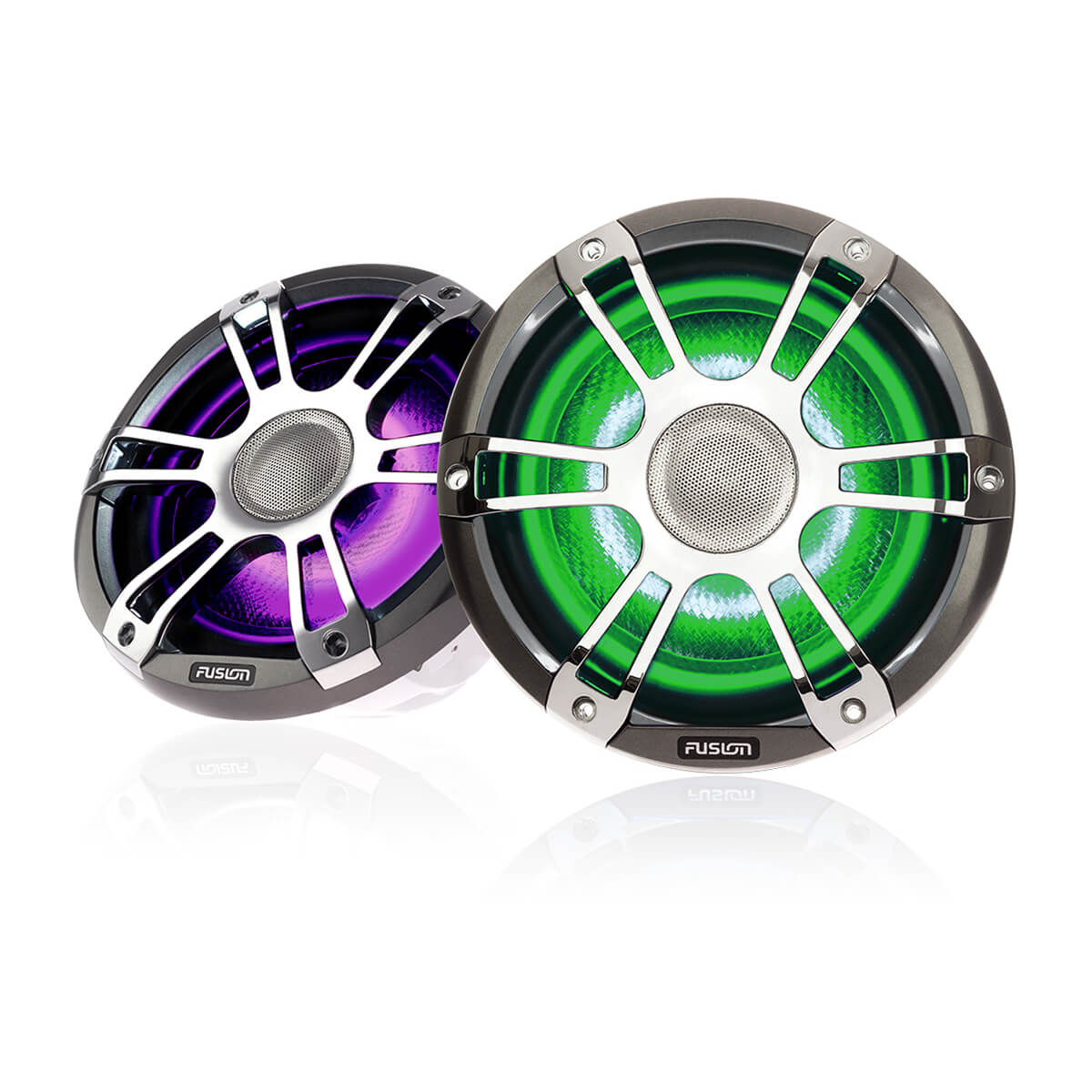 Fusion® Signature Series 3 Marine Speakers 7.7\" 280 Watt Coaxial Sports Chrome Marine Speakers (Pair) with CRGBW LED Lighting