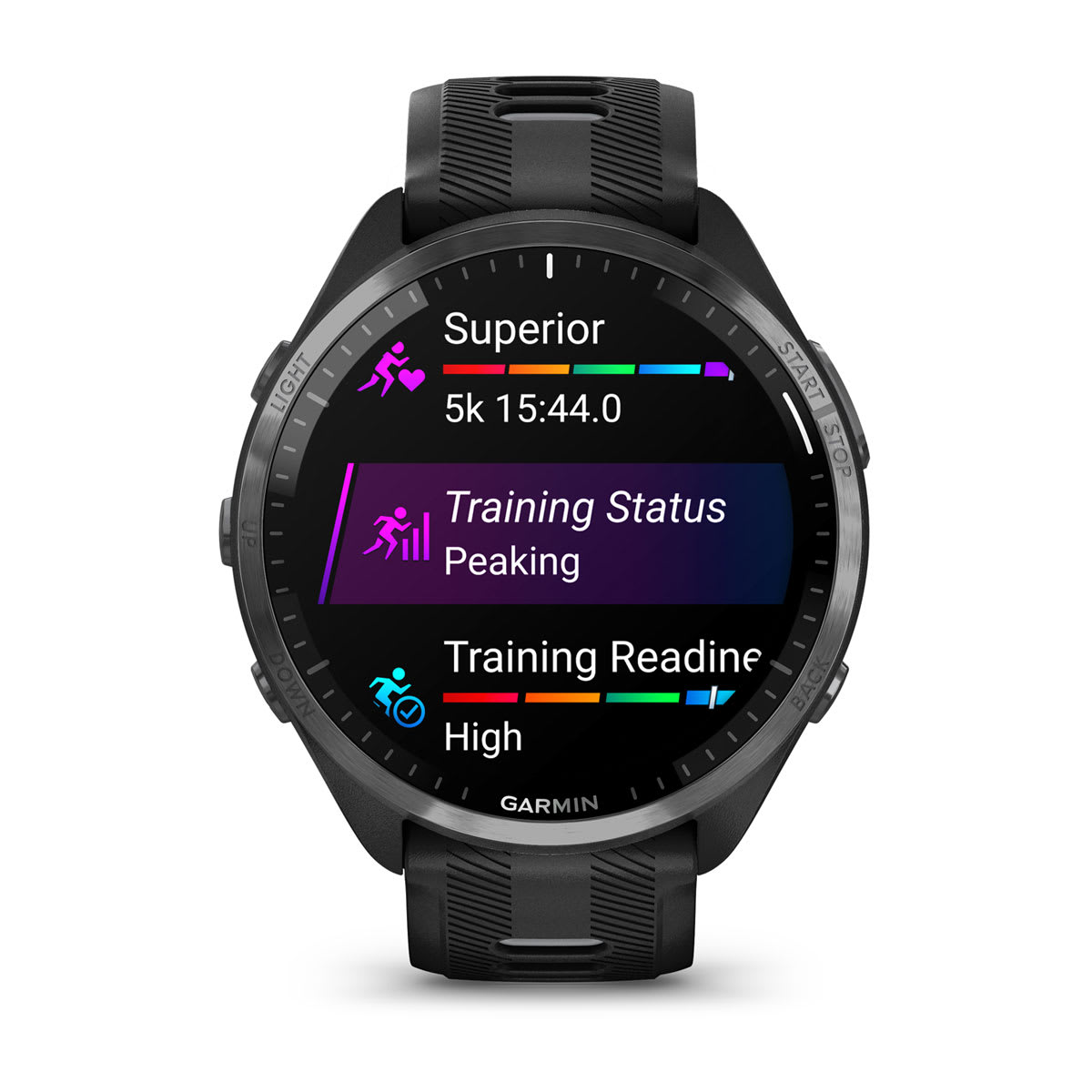 Forerunner® 965 Carbon Gray DLC Titanium Bezel with Black Case and Black/Powder Gray Silicone Band