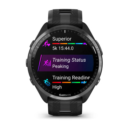 Forerunner® 965 Carbon Gray DLC Titanium Bezel with Black Case and Black/Powder Gray Silicone Band