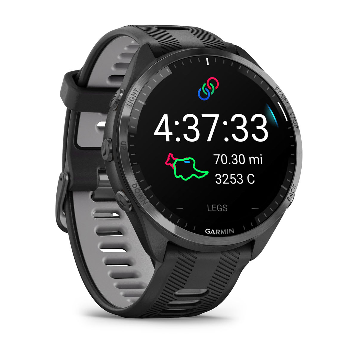 Forerunner® 965 Carbon Gray DLC Titanium Bezel with Black Case and Black/Powder Gray Silicone Band