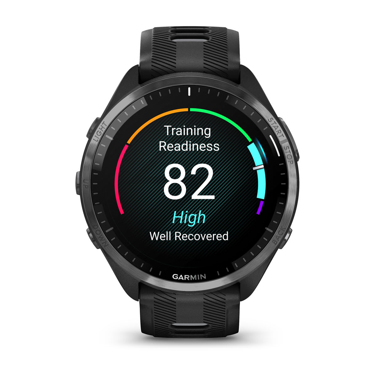 Forerunner® 965 Carbon Gray DLC Titanium Bezel with Black Case and Black/Powder Gray Silicone Band