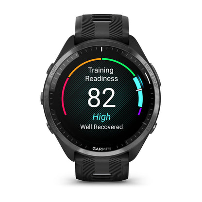Forerunner® 965 Carbon Gray DLC Titanium Bezel with Black Case and Black/Powder Gray Silicone Band